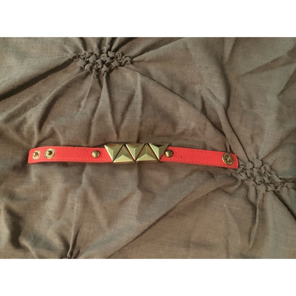 BCBG Leather Bracelet w/ Geometric Gold Hardware and Snap Closure